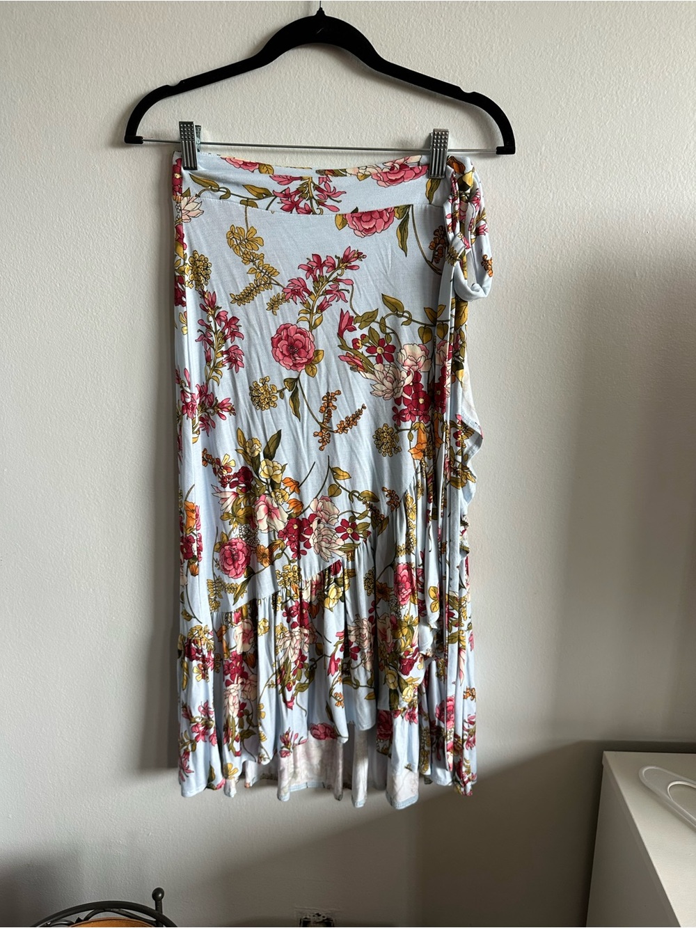 Chris & Carol Light Blue Floral Wrap Skirt With Ruffle Trim